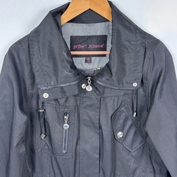Betsey Johnson Womens Rain Trench Coat Sz S Button & Zip Midi Detective Jacket - Picture 2 of 16